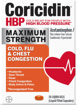 CORICIDIN HBP MAXIMUM STRENGTH COLD, COUGH AND FLU X 24 LIQUID GEL