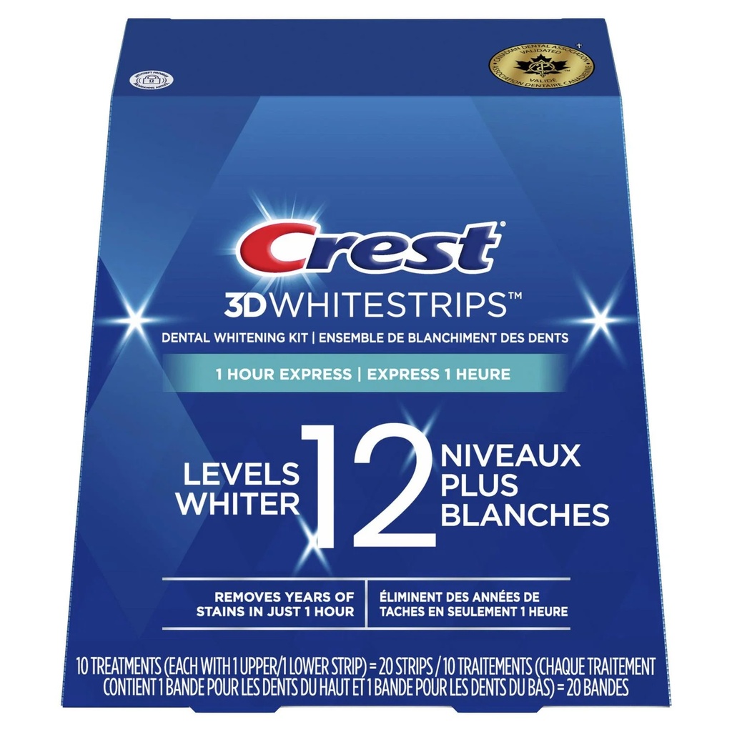CREST 3D WHITESTRIPS 1 HOUR EXPRESS LEVELS 12 WHITER 20 TRIPS