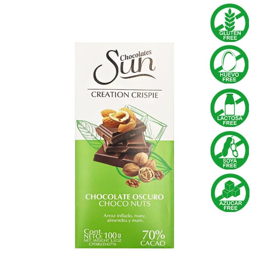 CHOCOLATE SUN CRISPIE NUTS 70% CACAO 100 GR