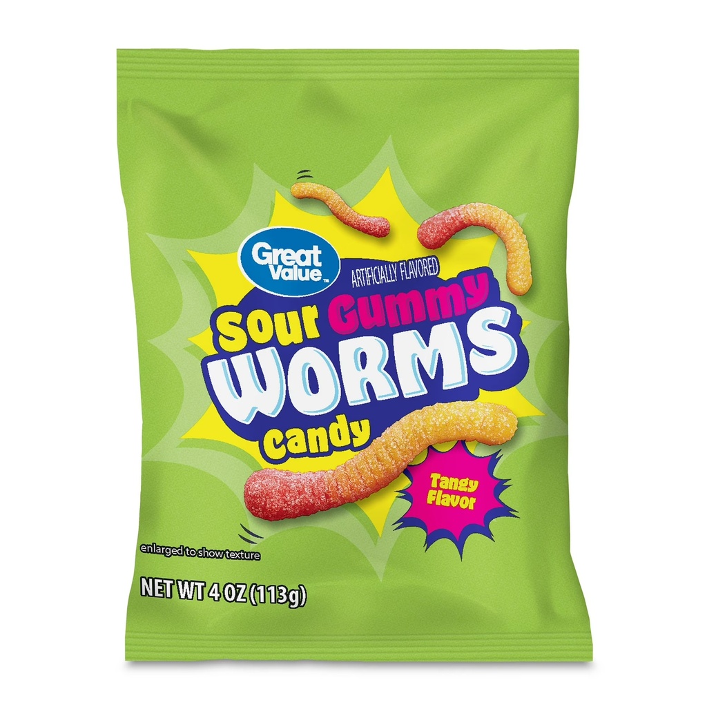 SOUR GUMMY WORMS CANDY TANGY FLAVOR GREAT VALUE 113 GR