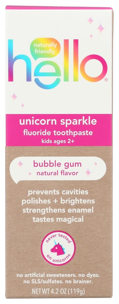 HELLO FLUORIDE FREE TOOTHPASTE UNICORN SPARKLE BUBBLE GUM 119 GR