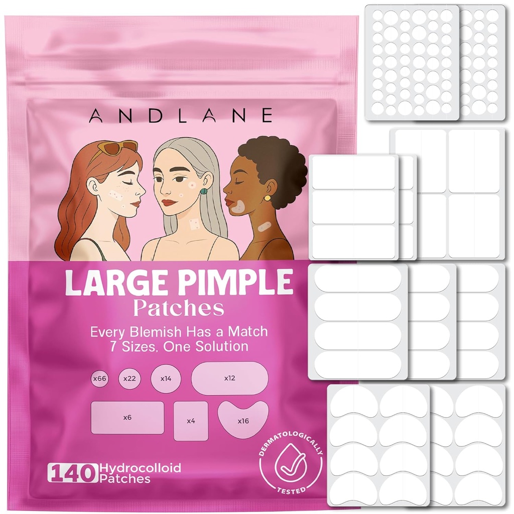 PARCHES HIDROCOLOIDE PARA ACNE EN CARA 7 TAMAÑOS 140 PATCHES ANDLANE