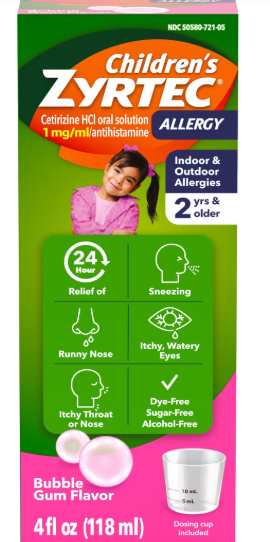 ZYRTEC CHILDRENS BUBBLE GUM FLAVOR 1MG 118 ML