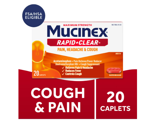 MUCINEX RAPID + CLEAR MAXIMUM STRENGTH PAIN,HEADACHE & COUGH 20 CAP