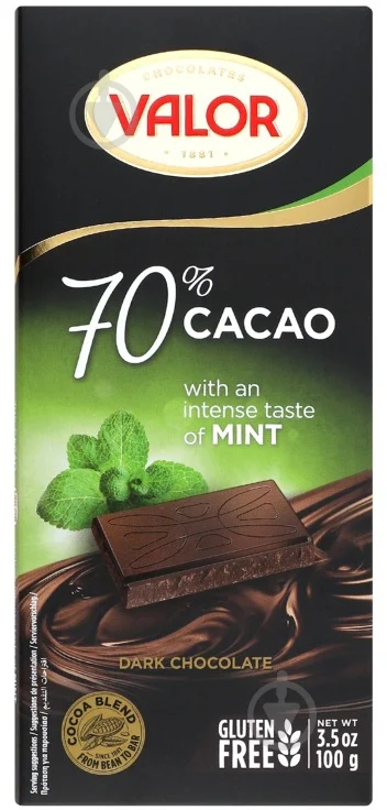 CHOCOLATES VALOR 70% MENTA CACAO 100 GR